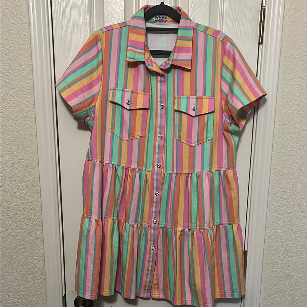Pink and Orange Tiered Mini Sundress with Polo Collar